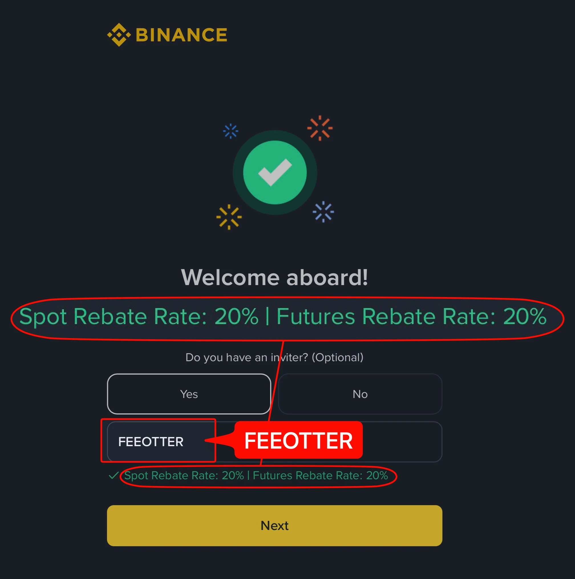 Binance signup page with the referral field already filled in