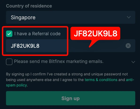 Bitfinex signup page with the referral field already filled in