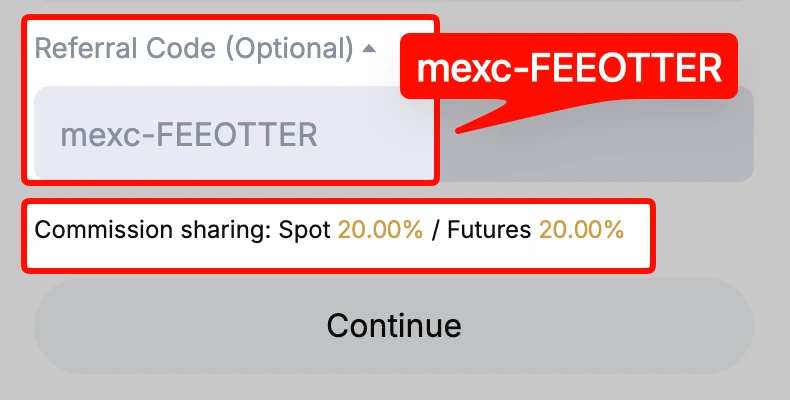 MEXC signup page with the referral field already filled in