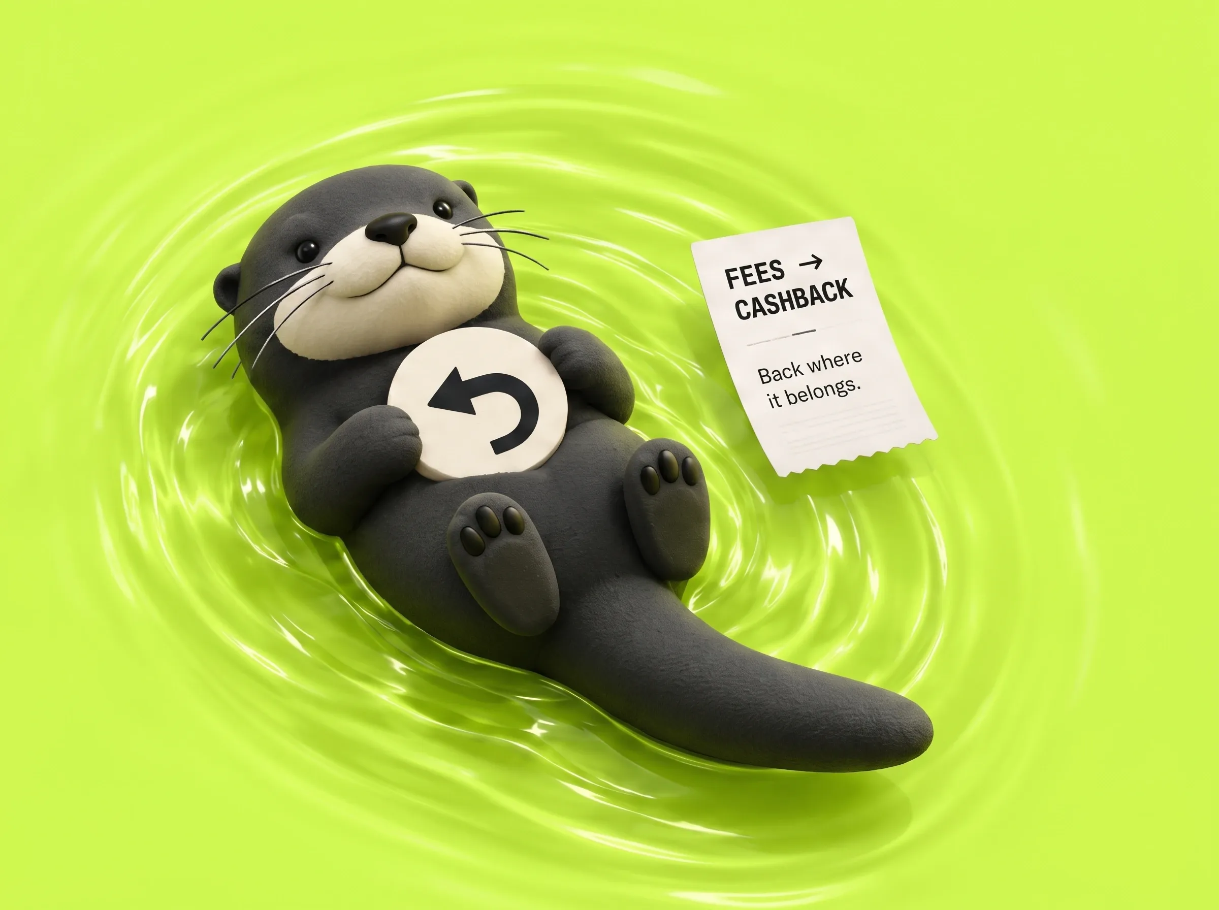 An otter floating on its back in lime-green water, hugging a coin with a return arrow, next to a receipt that reads “Fees → Cashback. Back where it belongs.”