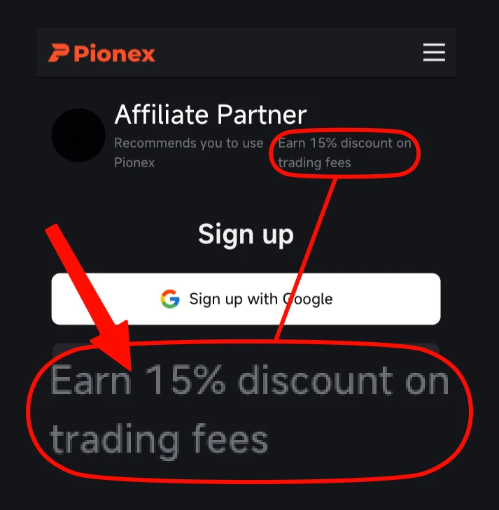 Pionex signup page with the referral field already filled in