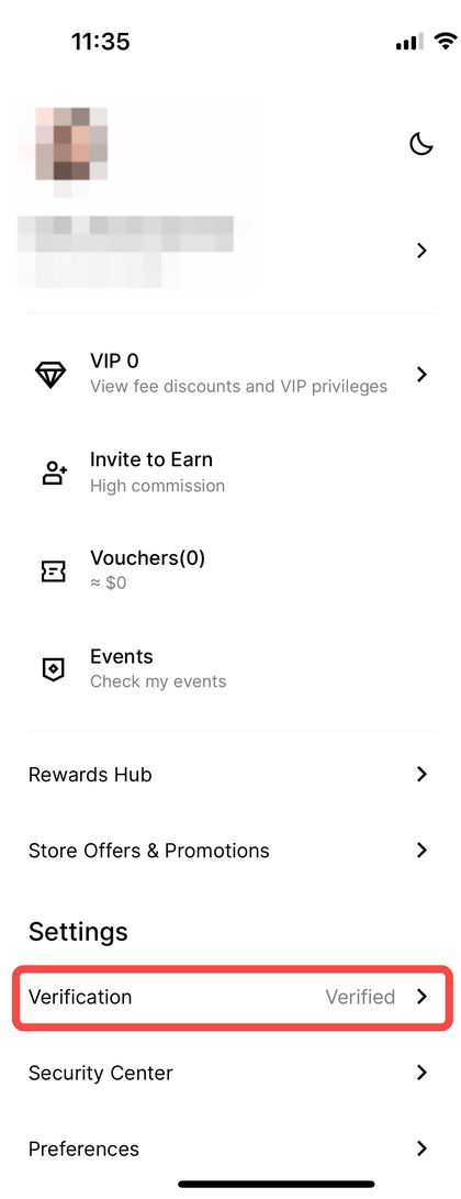 Identity Verification entry in the BingX app Personal Center