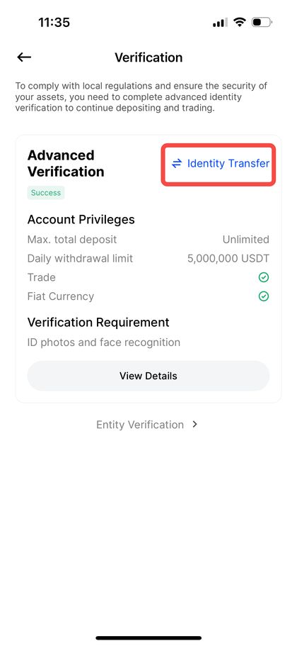 Identity Transfer button on the BingX app Identity Verification page