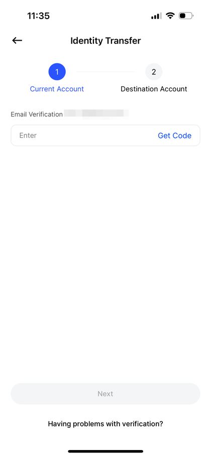 Entering the current account's security verification for identity transfer in the BingX app