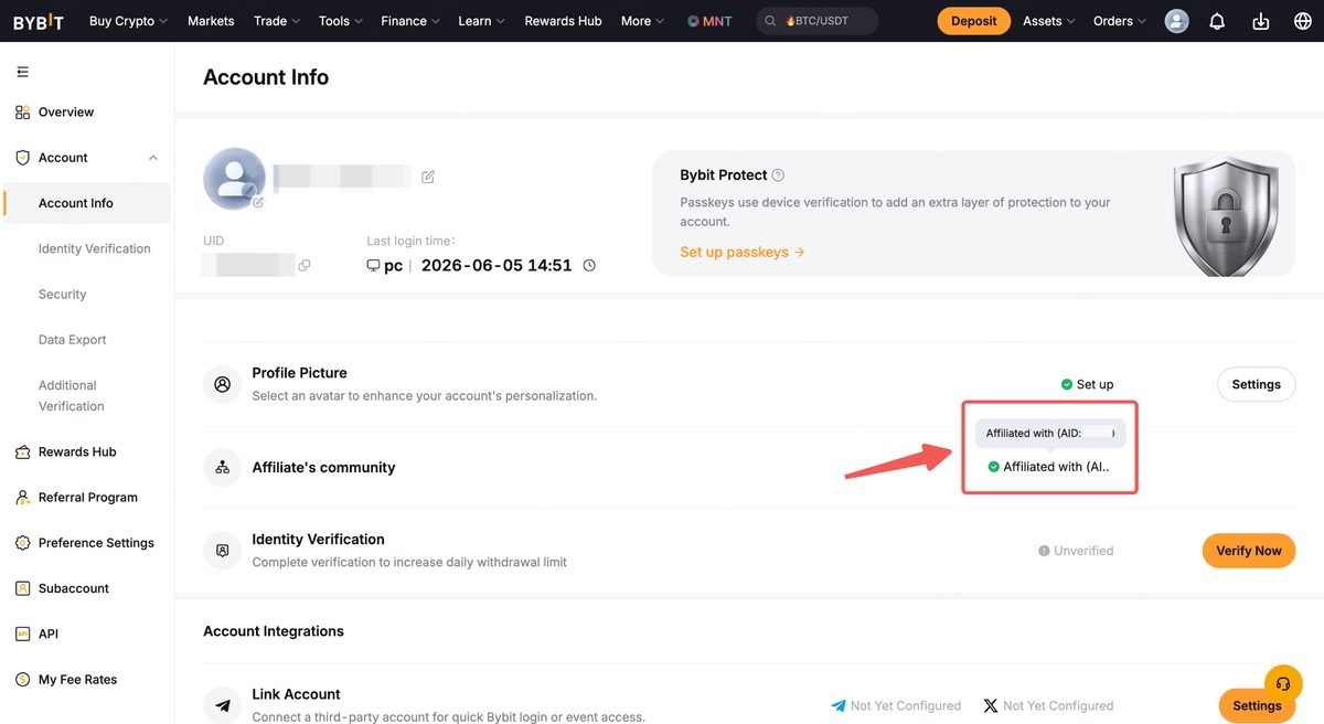 Bybit Account Info showing Affiliated with (AID)