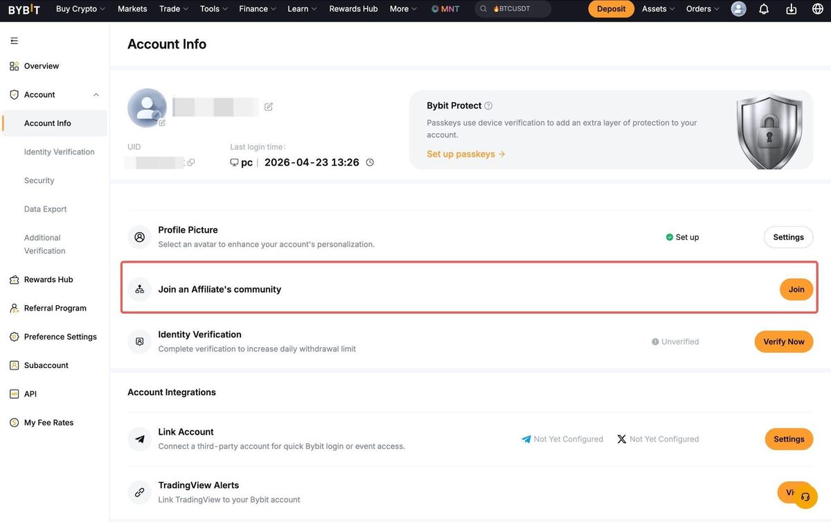 The Join an Affiliate's community entry on Bybit's Account Info page
