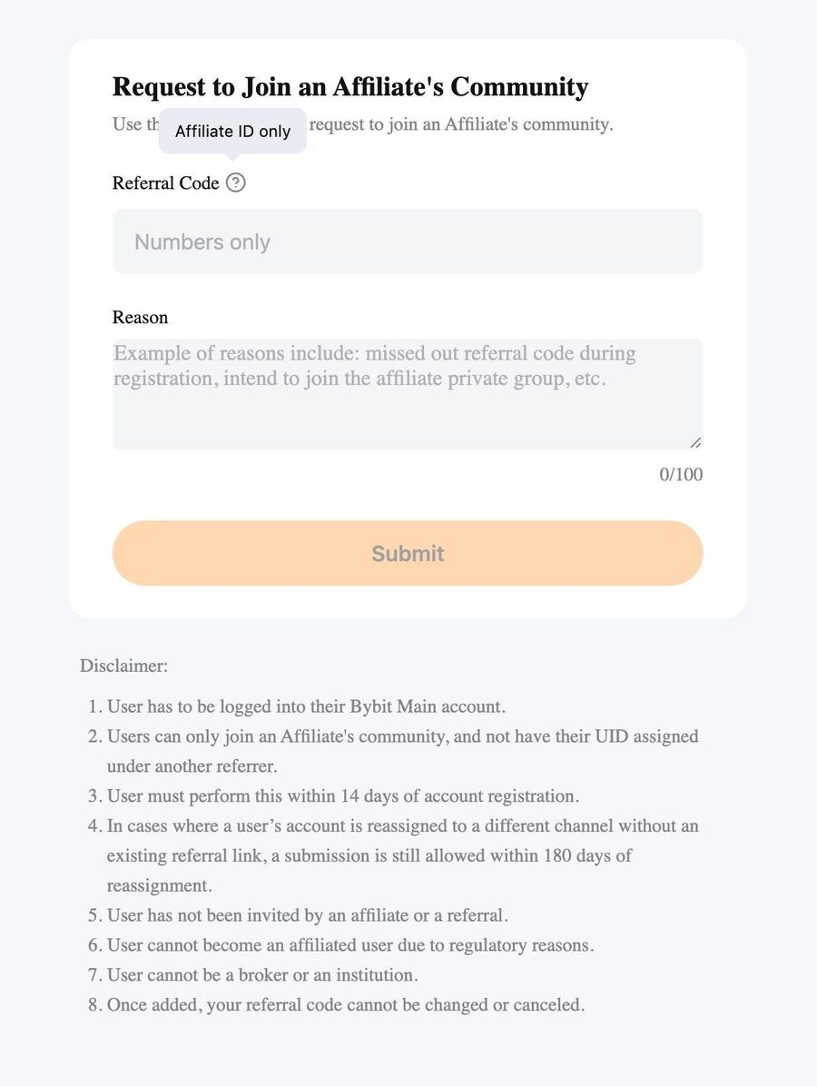 The Referral Code tooltip on the Bybit form reads Affiliate ID only