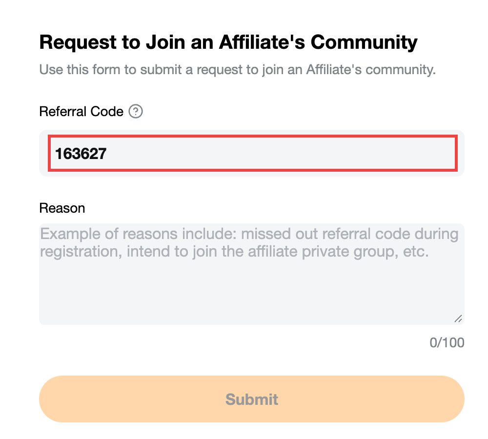 Bybit request form with 163627 entered in the Referral Code field